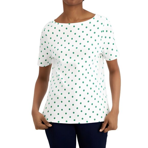 Charter Club Boat Neck Polka Dot T Shirt Womens XL Supima Cotton White Green NEW - Picture 1 of 7
